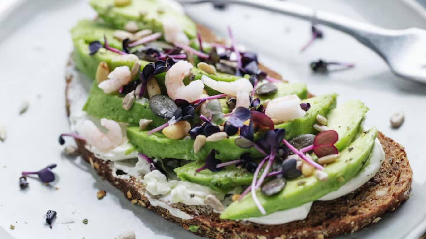 Gourmet avocado toast with shrimp and sprouts