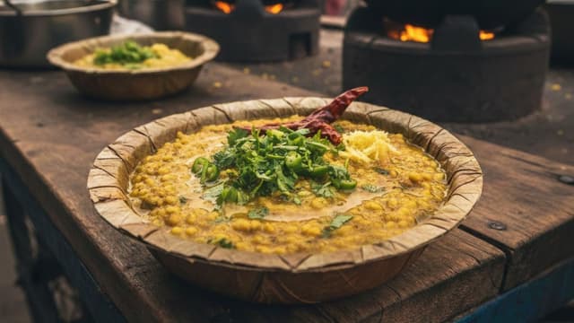 Surja Ki Dal served in a traditional leaf bowl 