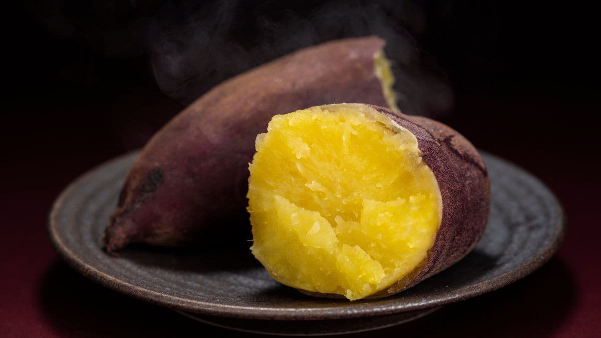 Boiled sweet potato sliced in two