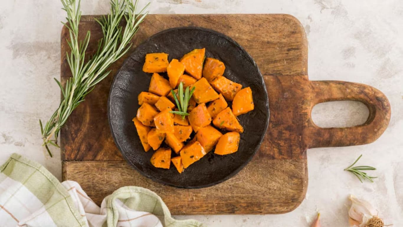 Roasted Sweet Potatoes on Wooden Board