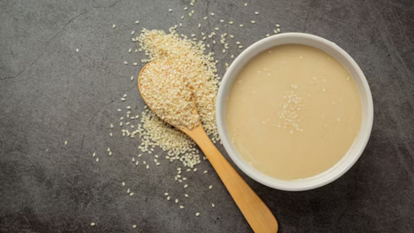 Bowl of tahini with sesame seeds