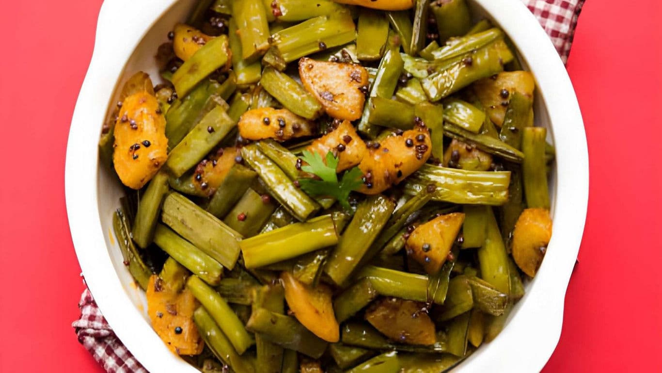 Spiced vegetable stir fry in white bowl