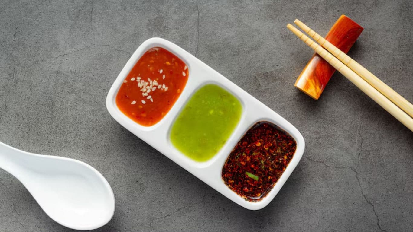 Assorted Asian Sauces in Divided White Dish