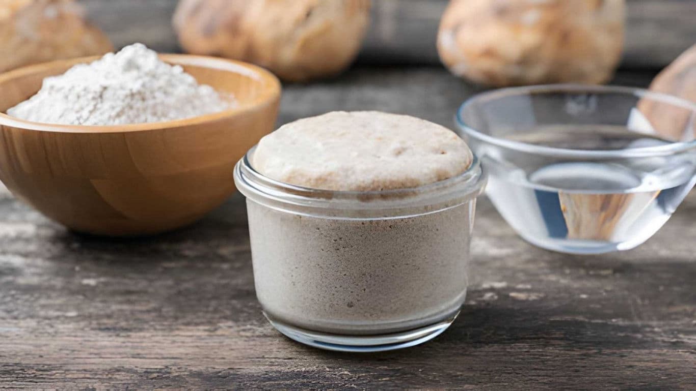 Active sourdough starter with flour and water on table