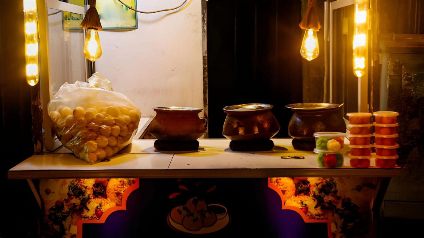 Street food stall with glowing lights