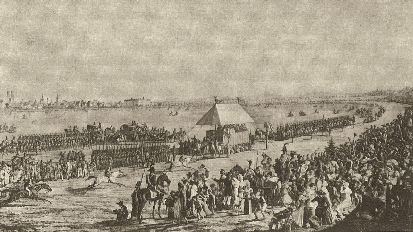 Historic military parade with large crowd