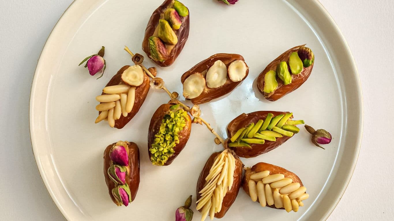 Assorted stuffed dates with nuts and pistachios
