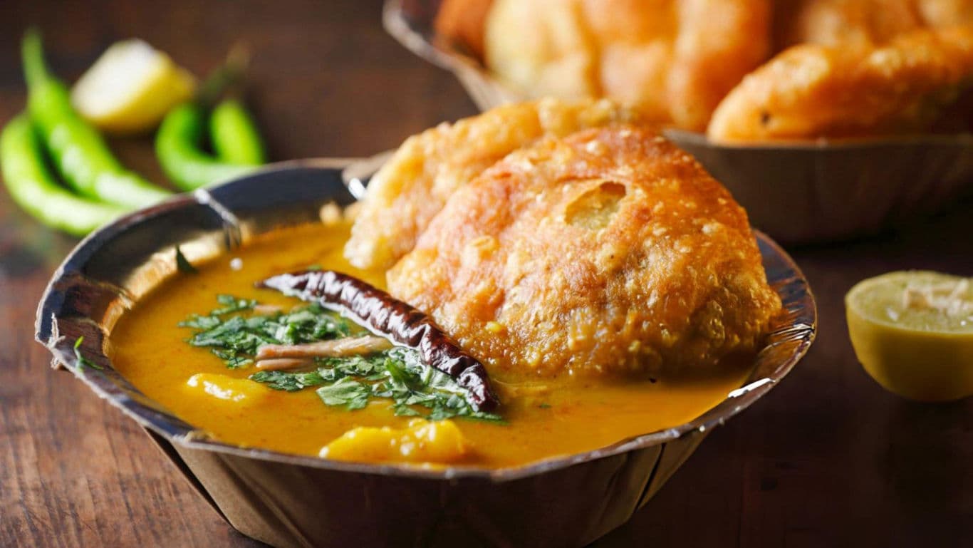 Indian street food with curry and bread
