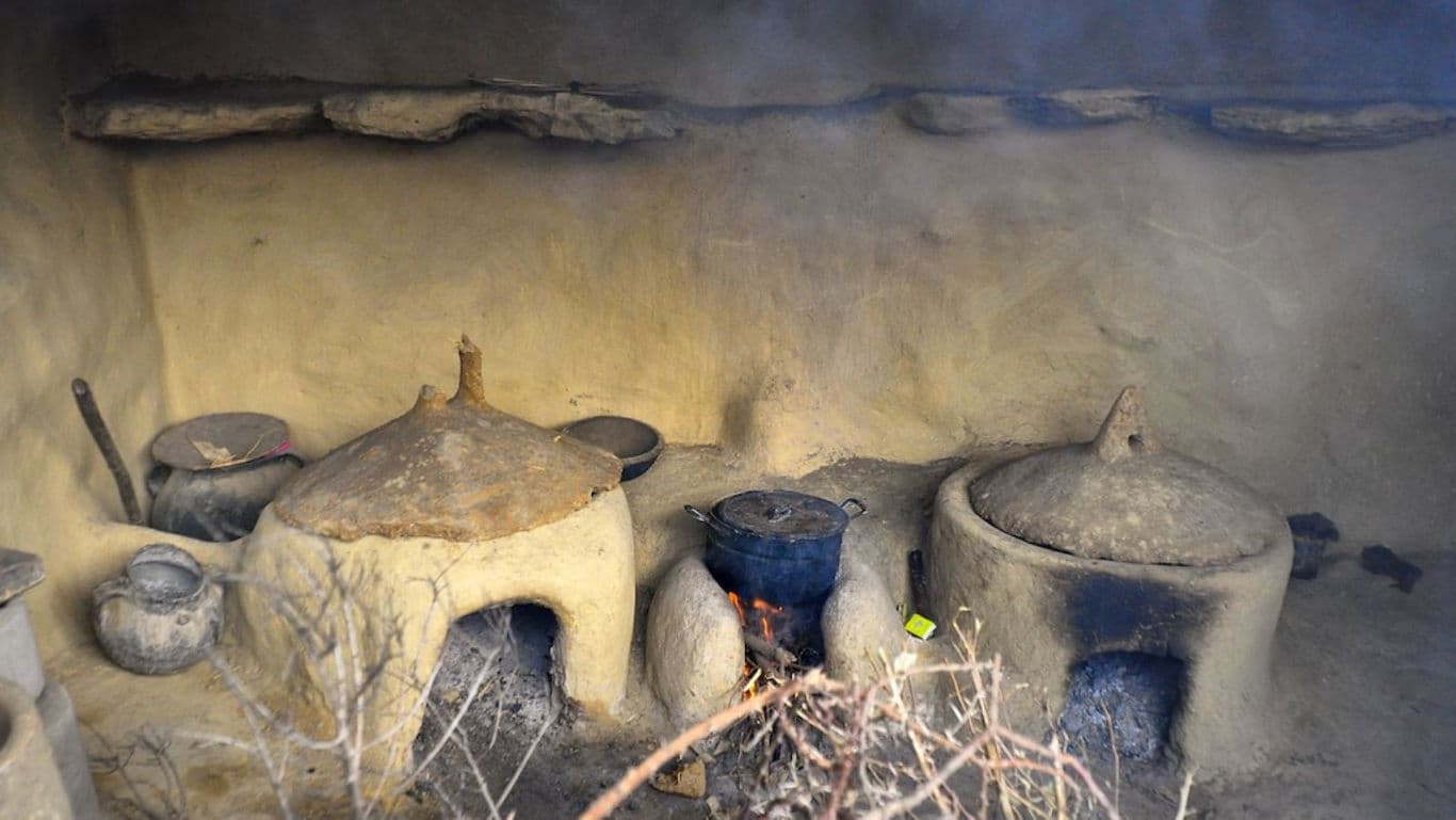 Traditional Clay Stoves with Cooking Pots in Rustic Kitchen
