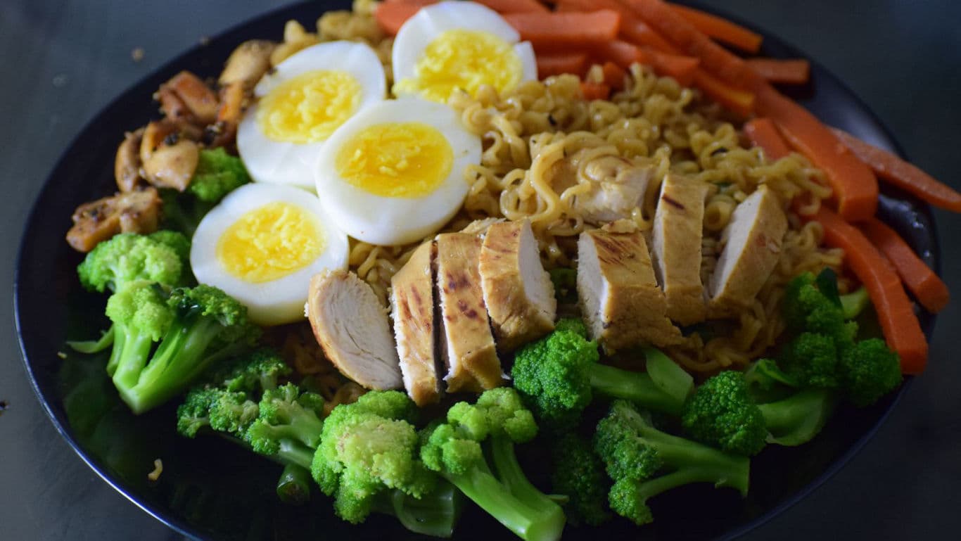 Healthy meal with eggs, chicken, and vegetables