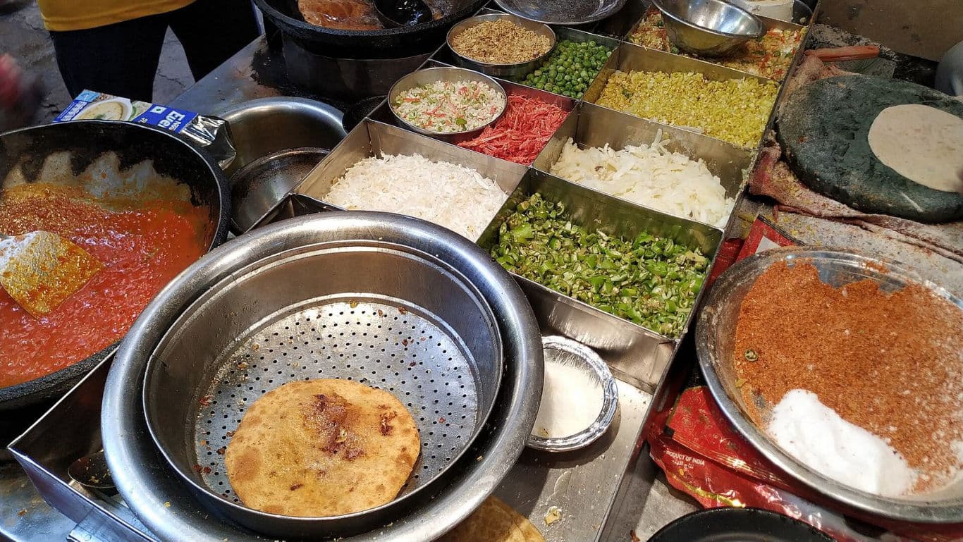 Street food preparation with assorted fresh ingredients