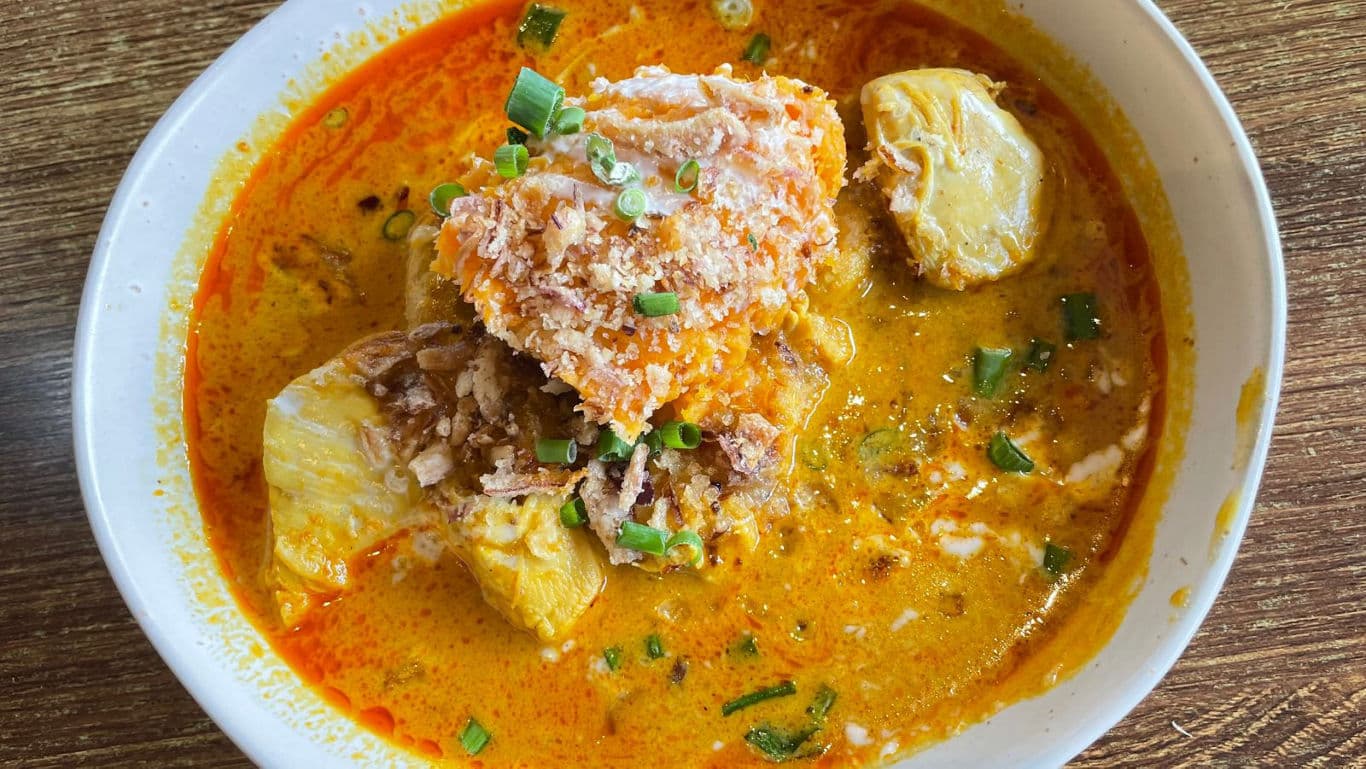 Spicy noodle soup with shredded chicken and herbs