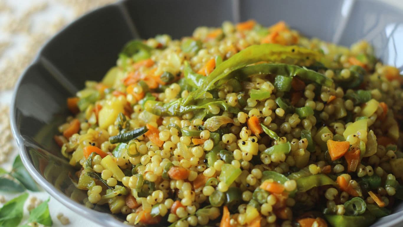 Colorful Vegetable Millet Salad in Grey Bowl