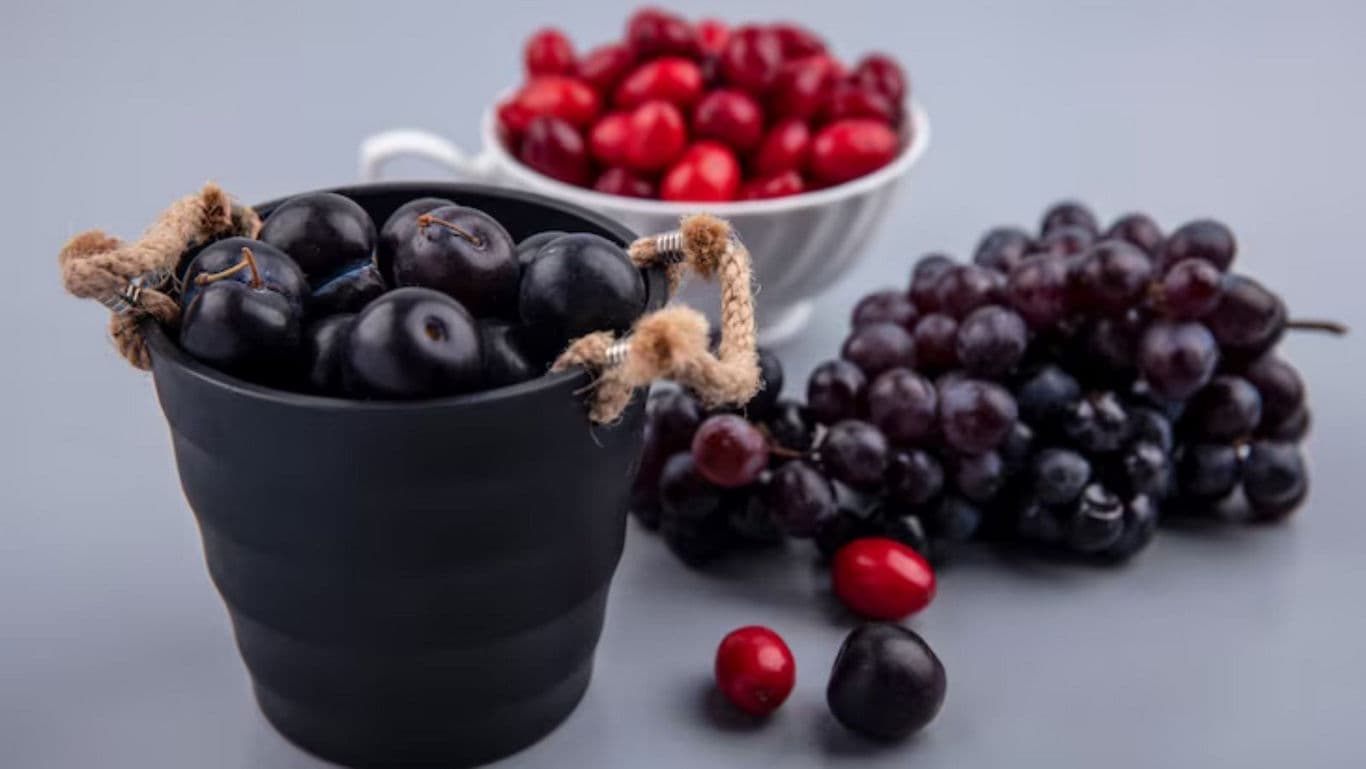 Fresh black grapes and cranberries in bowls