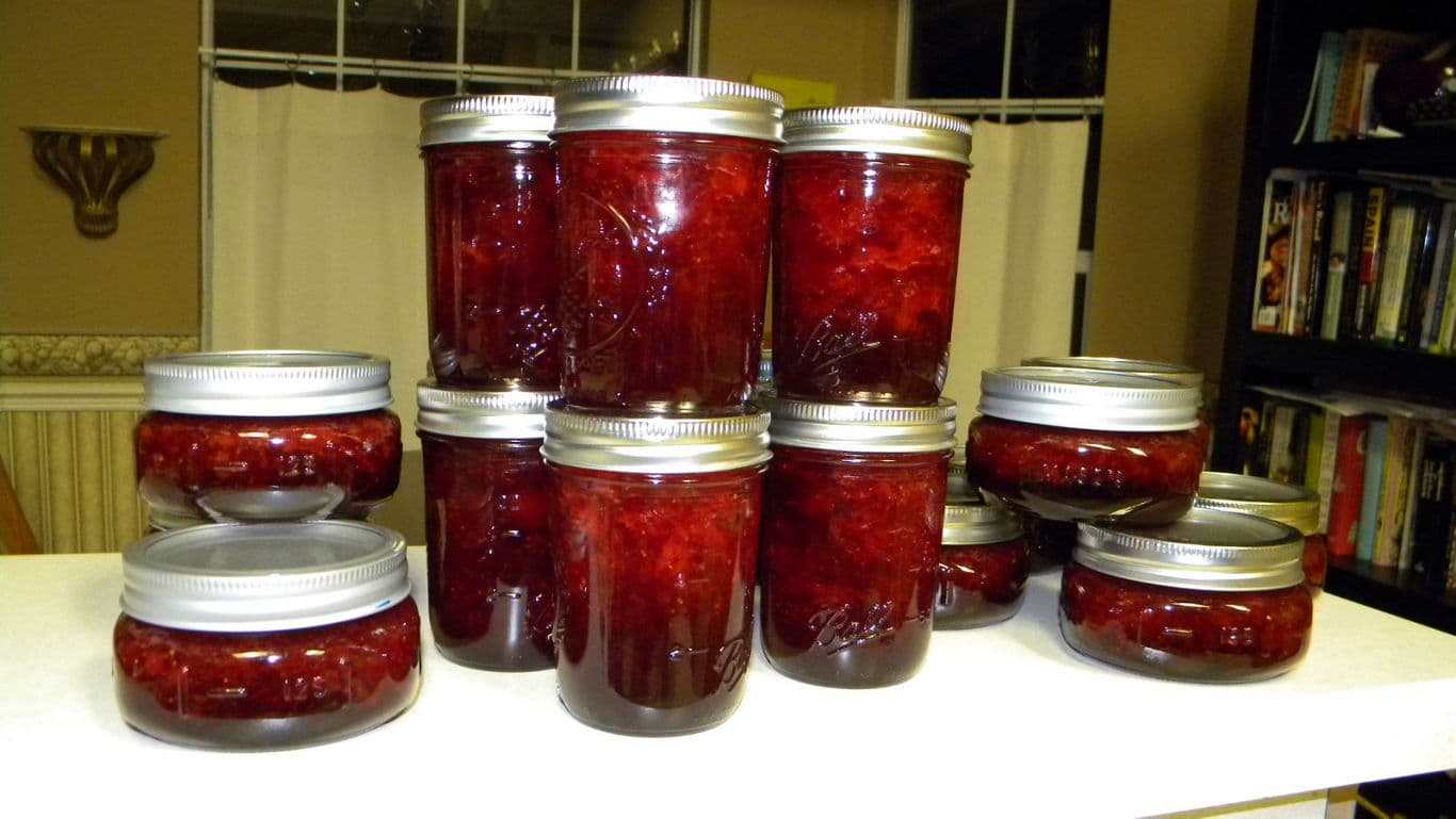 Homemade Strawberry Jam in Glass Mason Jars
