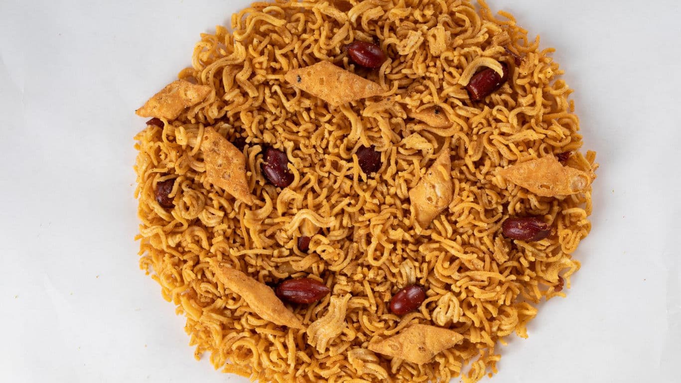 Crispy noodle snack mix with peanuts and crackers