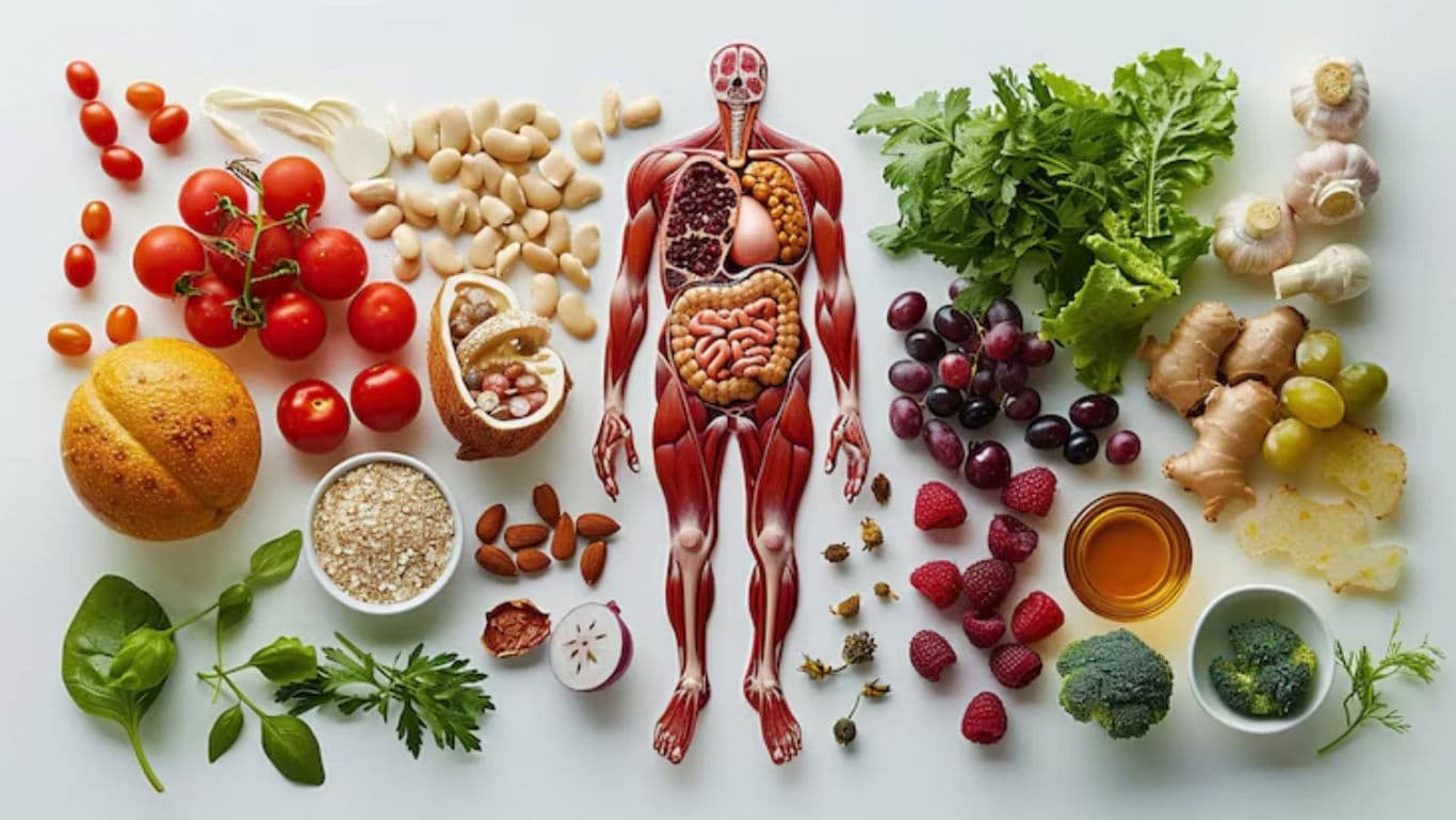 Human Anatomy Model Surrounded by Healthy Foods