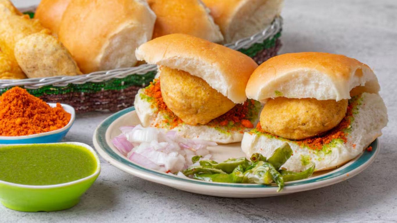 Traditional Indian Vada Pav with condiments