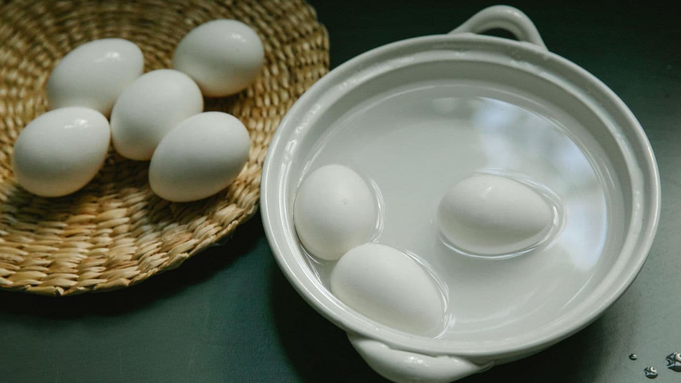 White eggs soaking in water bowl