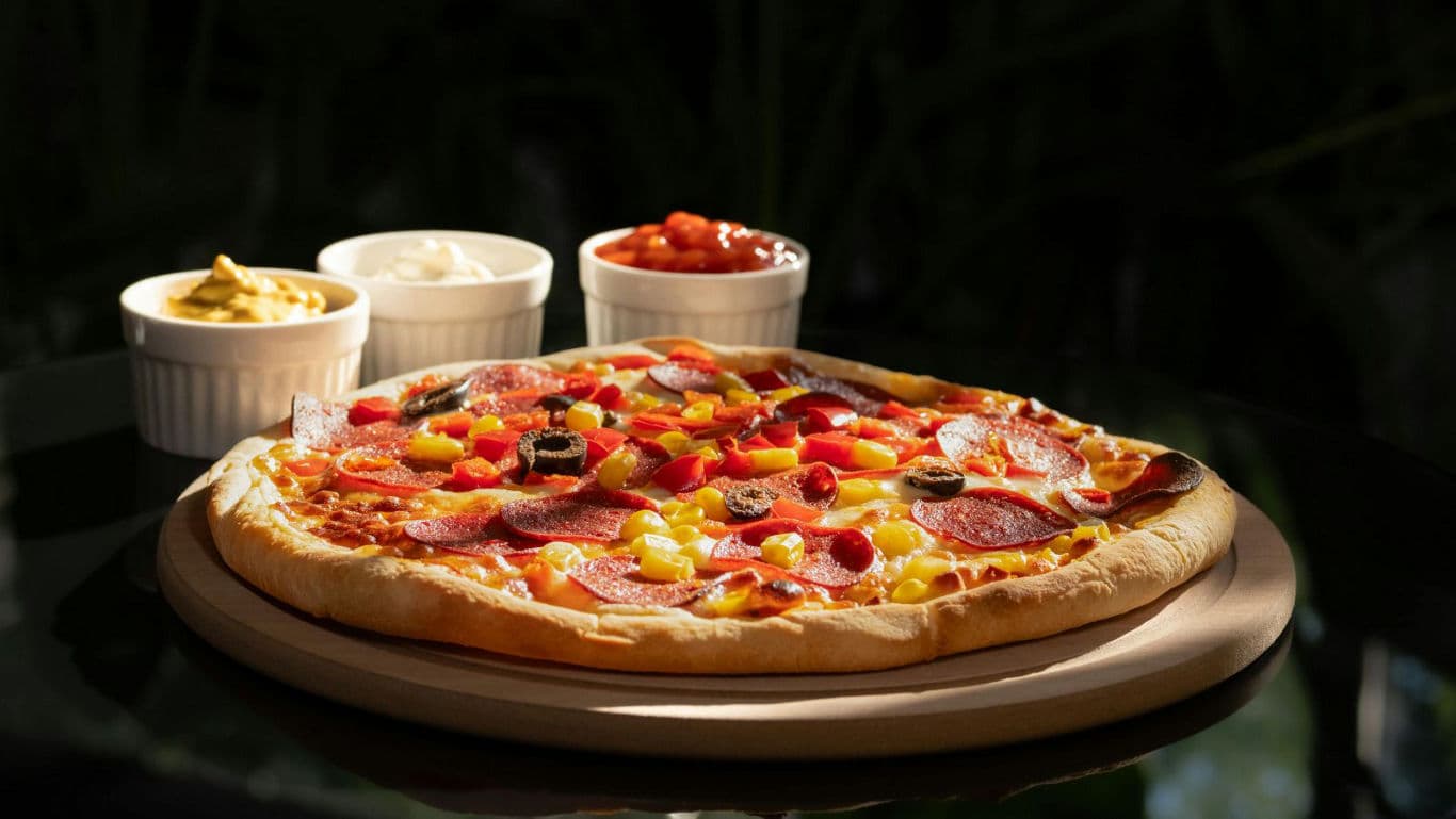 Pepperoni pizza with colorful toppings and dips