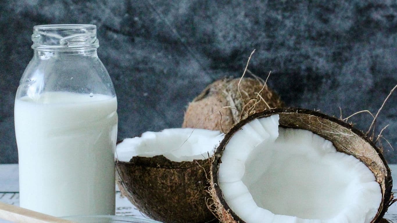 Glass bottle of coconut milk with fresh coconuts