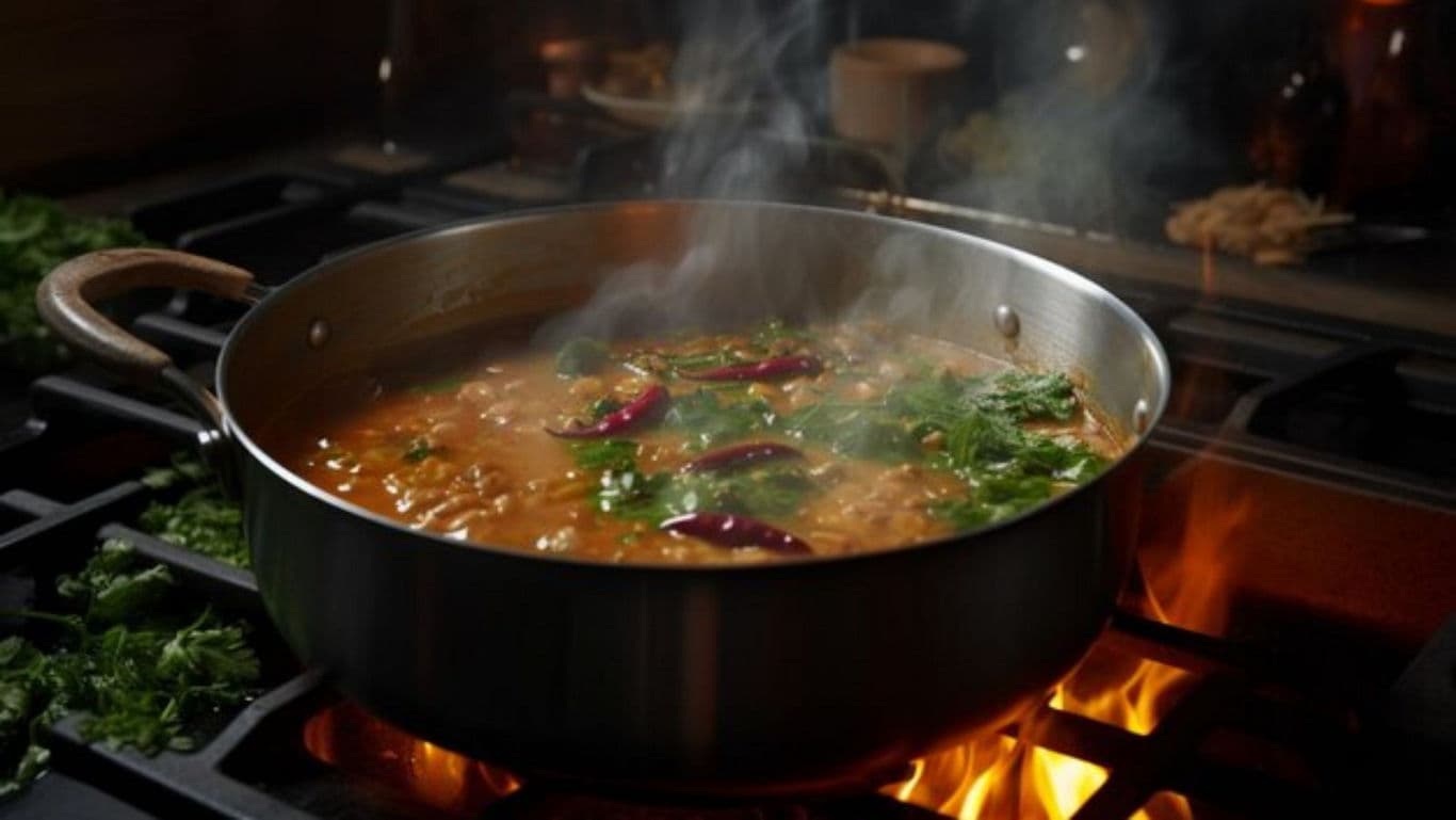 Steaming pot of spicy stew on stove