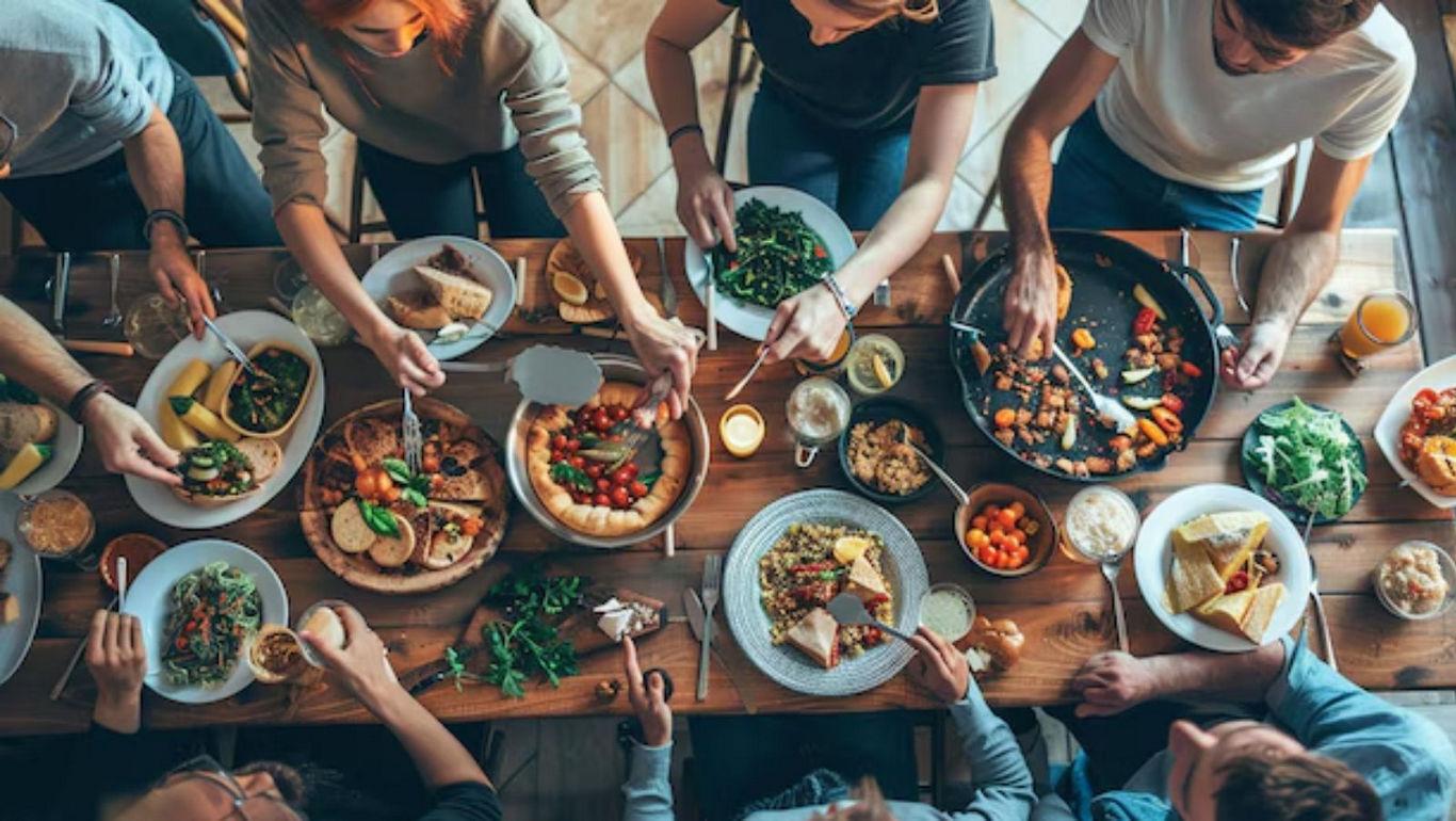 Group enjoying vibrant shared meal together