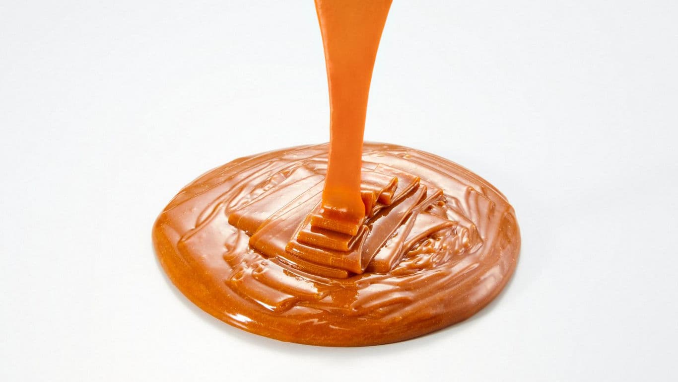 Thick Caramel Sauce Pouring Onto White Surface