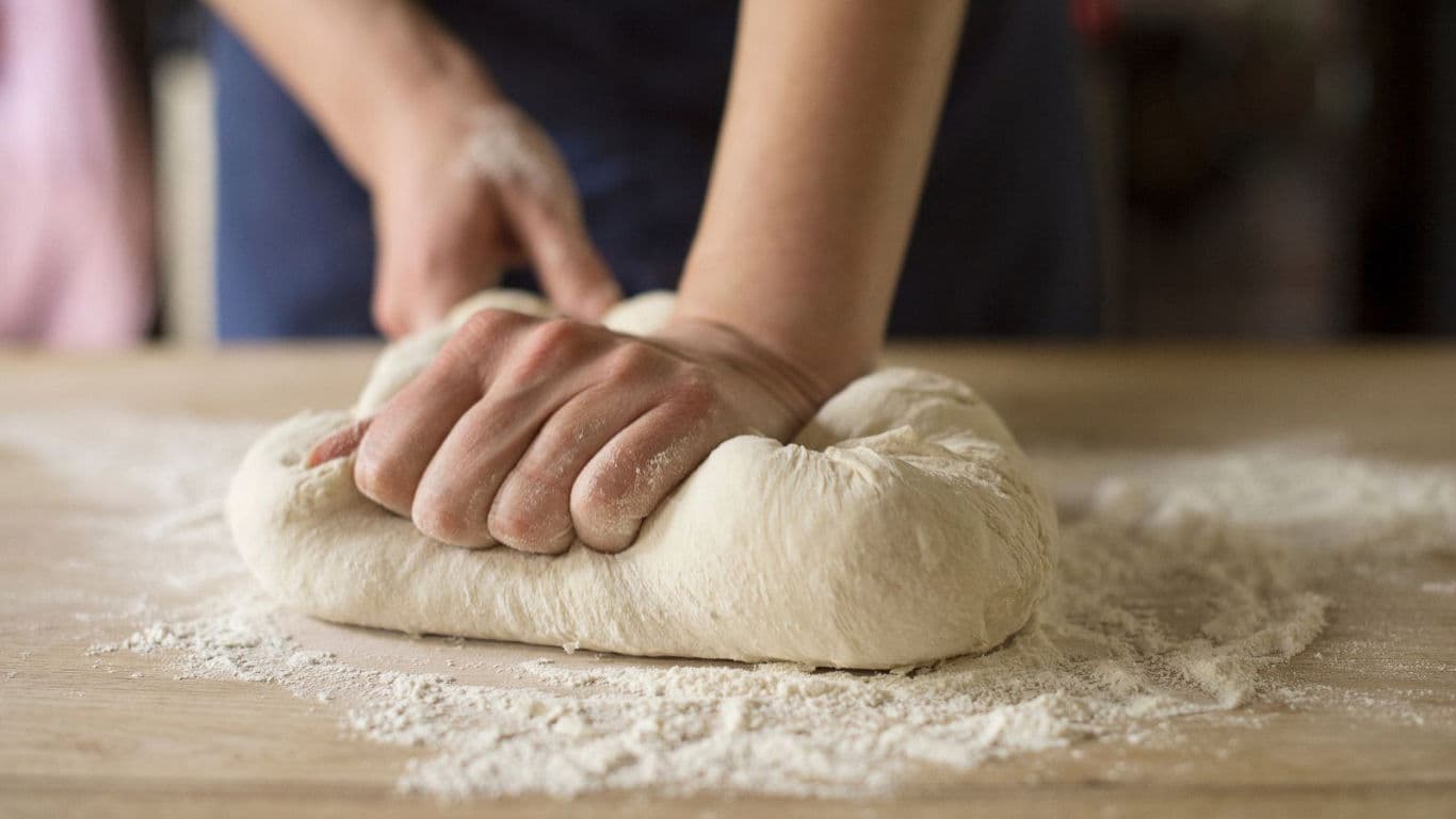 Baker kneading fresh dough on floured table