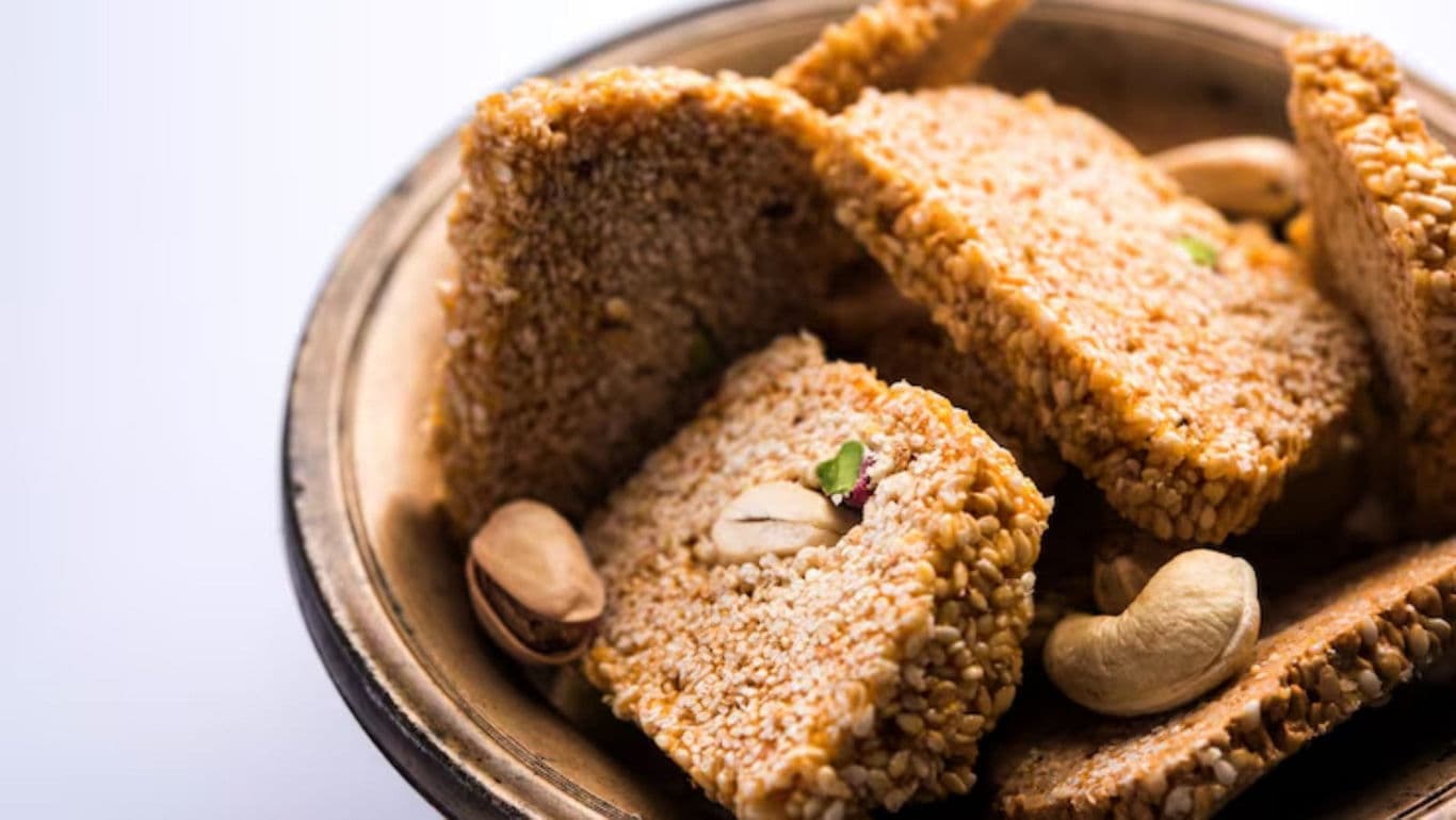 Close-up of sesame brittle with nuts