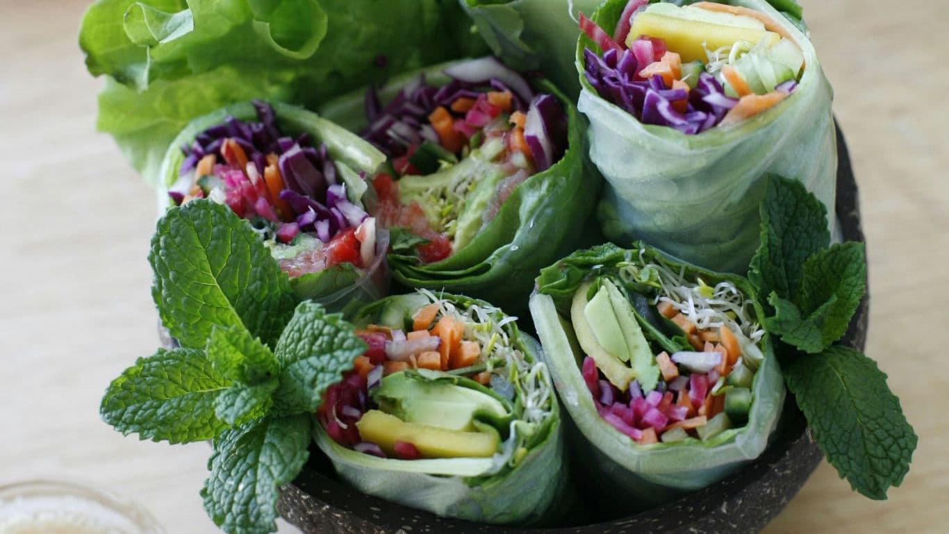 Fresh Vegetable Spring Rolls with Mint Garnish