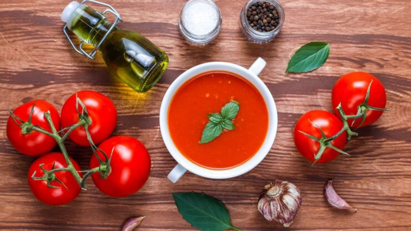 Fresh tomato soup with basil garnish