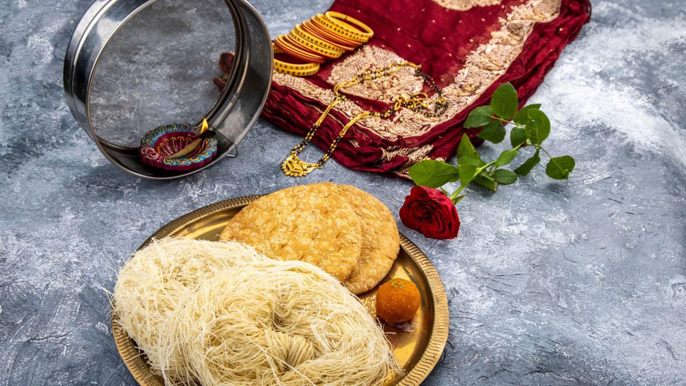 Traditional Indian Karva Chauth celebration setup