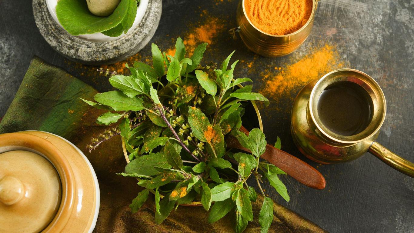 Fresh herbs with turmeric and brass utensils