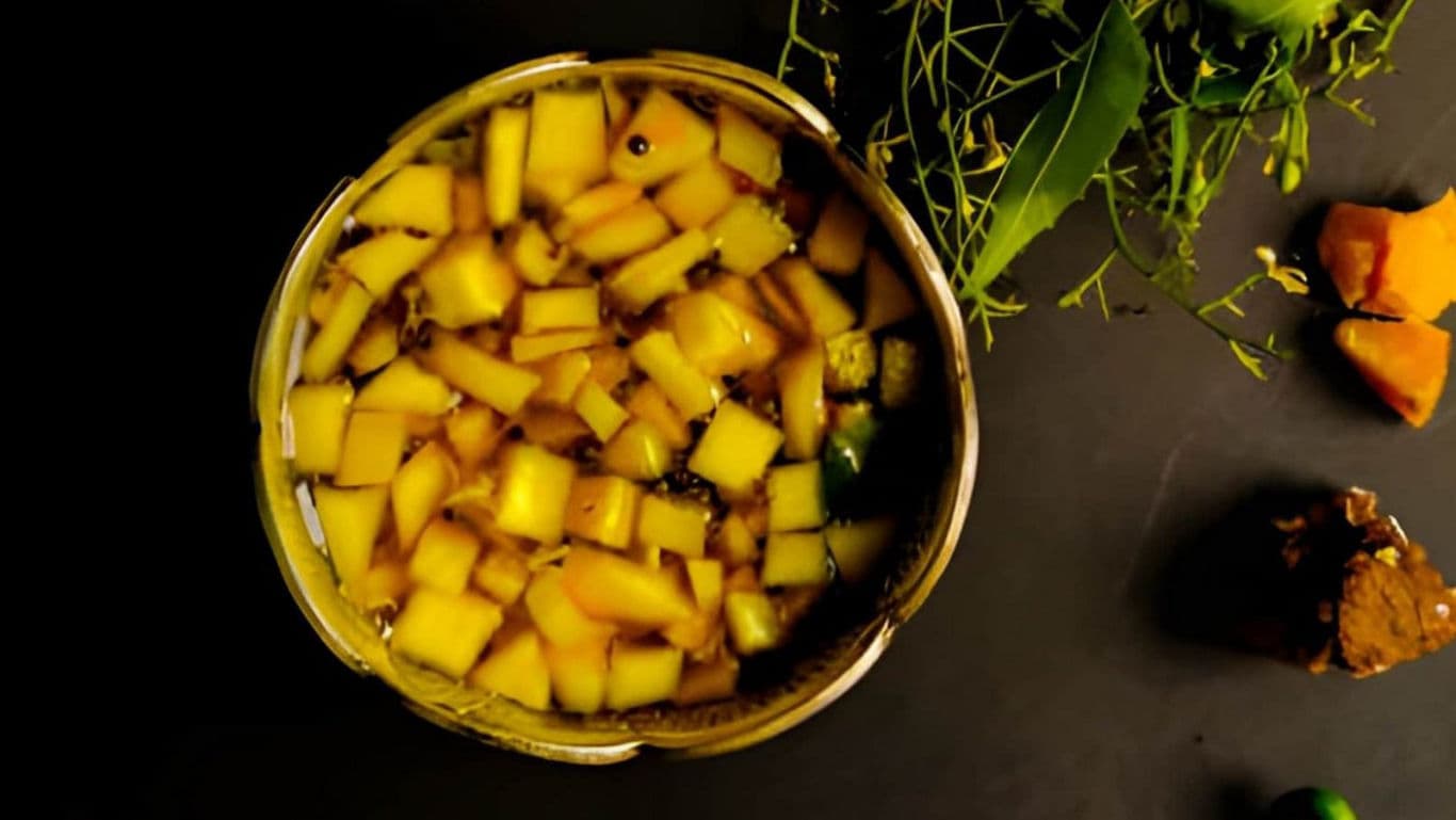 Homemade Mango Pickle with Fresh Spices Overhead
