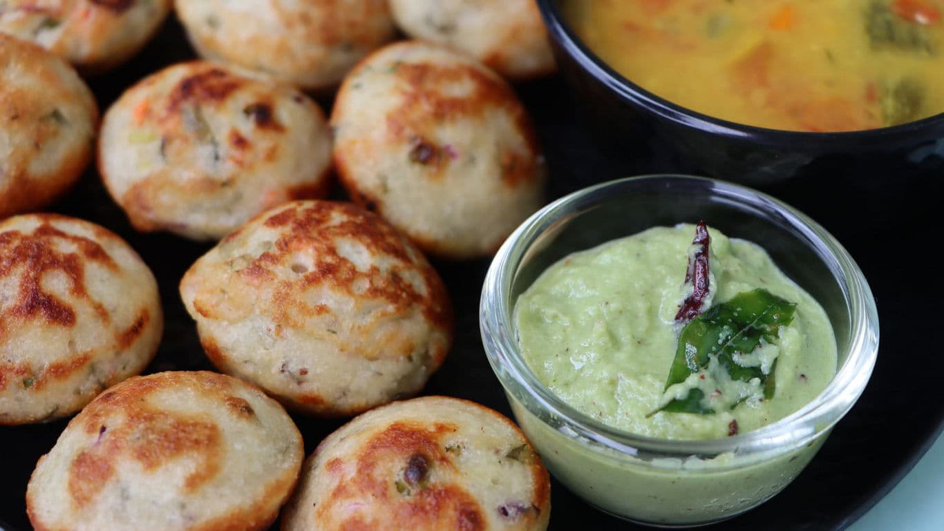 South Indian Kuzhi Paniyaram with Chutney and Sambar
