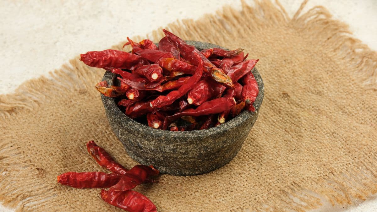 Dried red chillies in a bowl