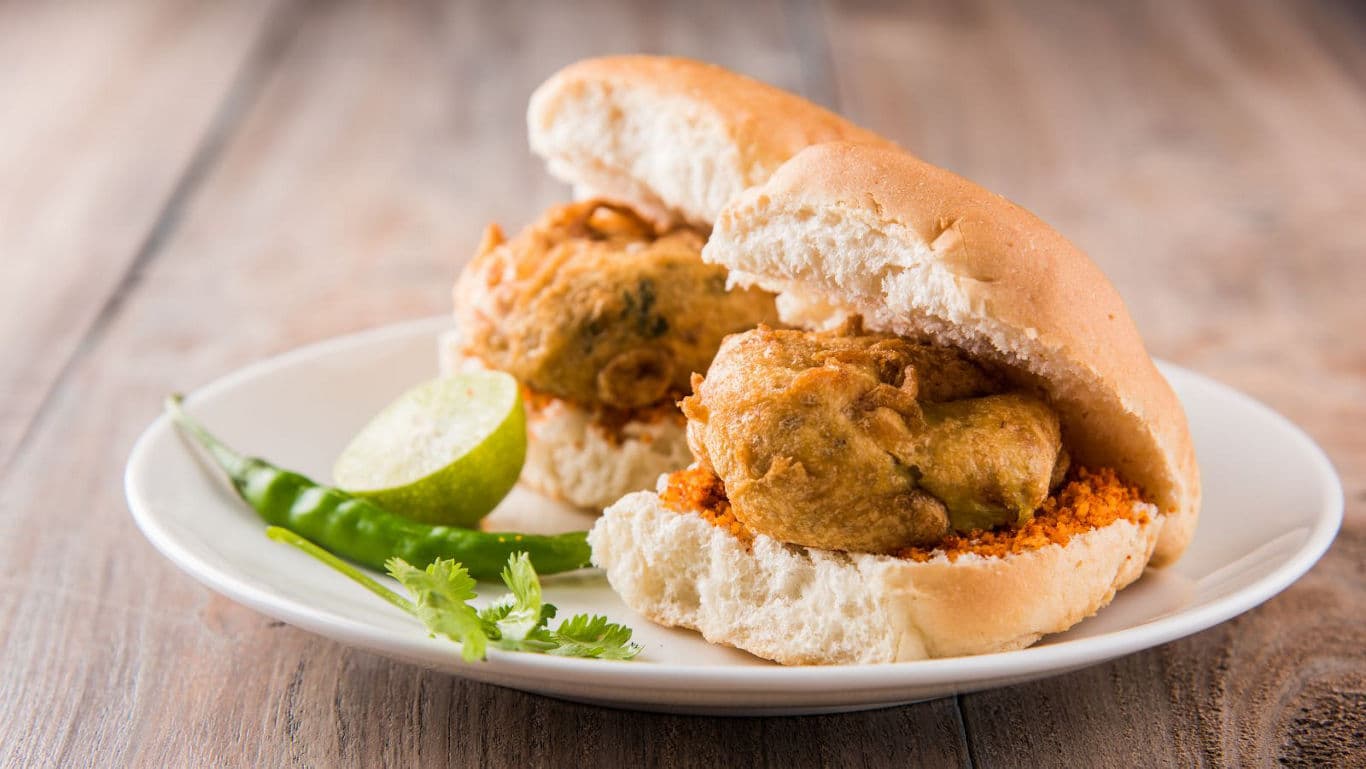 Indian street food vada pav with chili