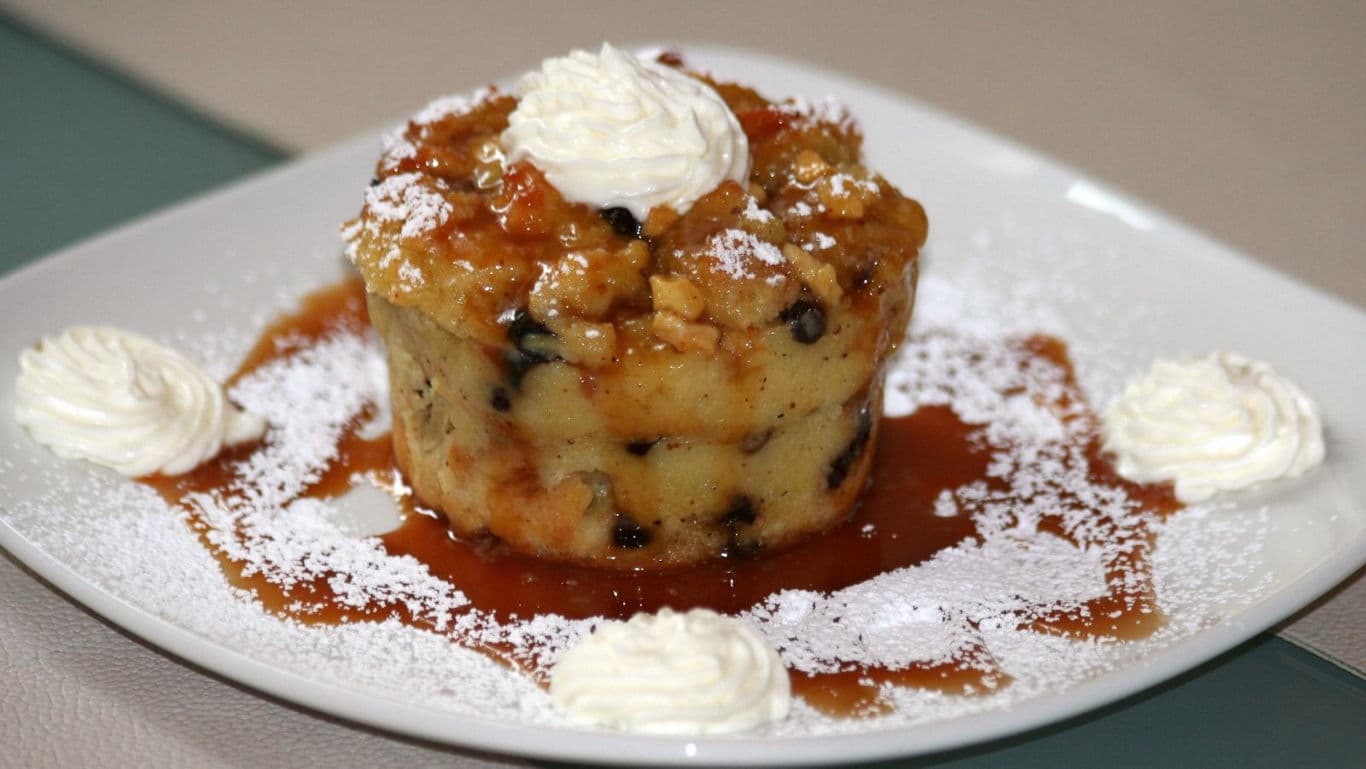 Gourmet bread pudding with caramel sauce