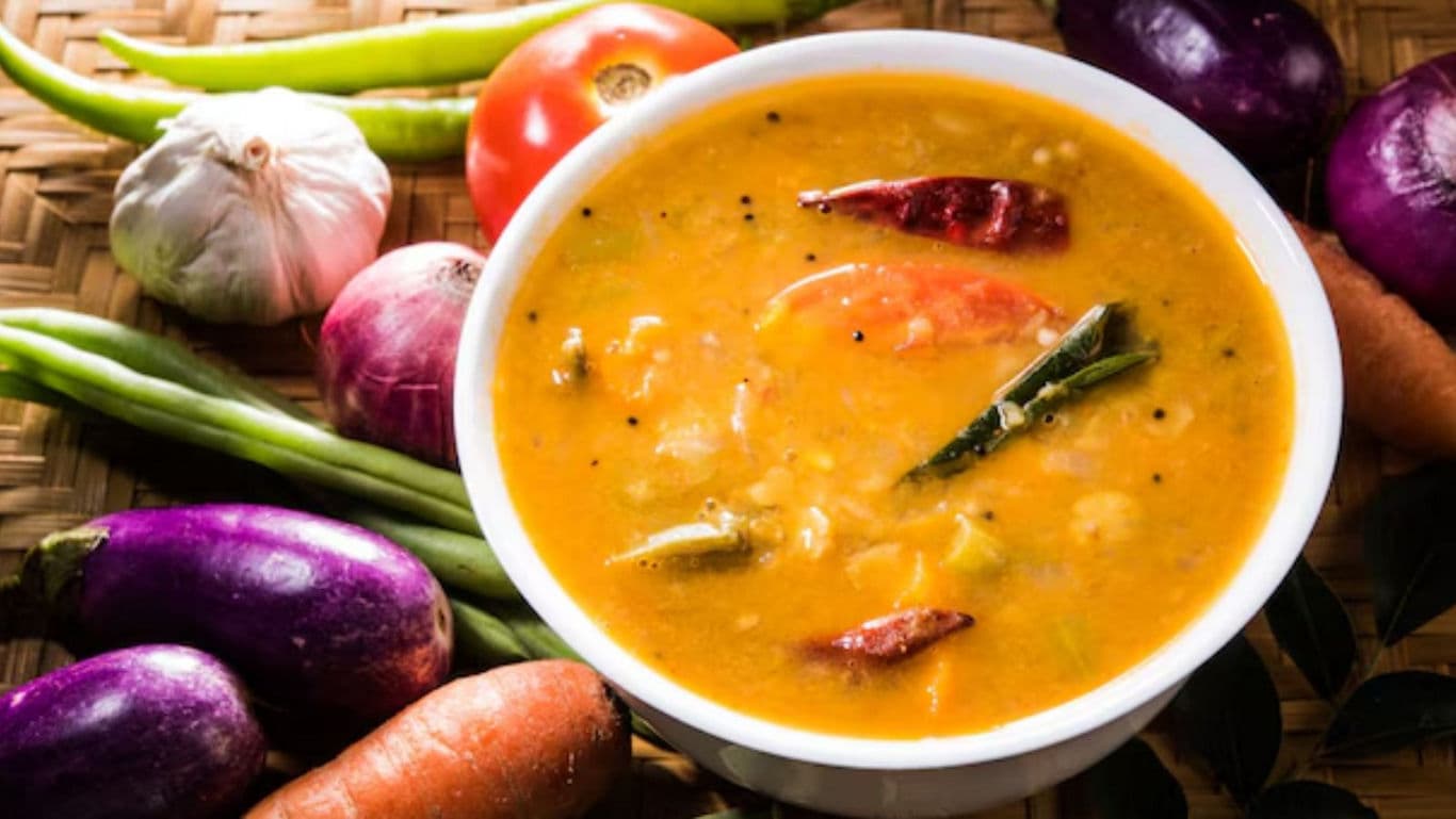 Traditional South Indian sambar with fresh vegetables