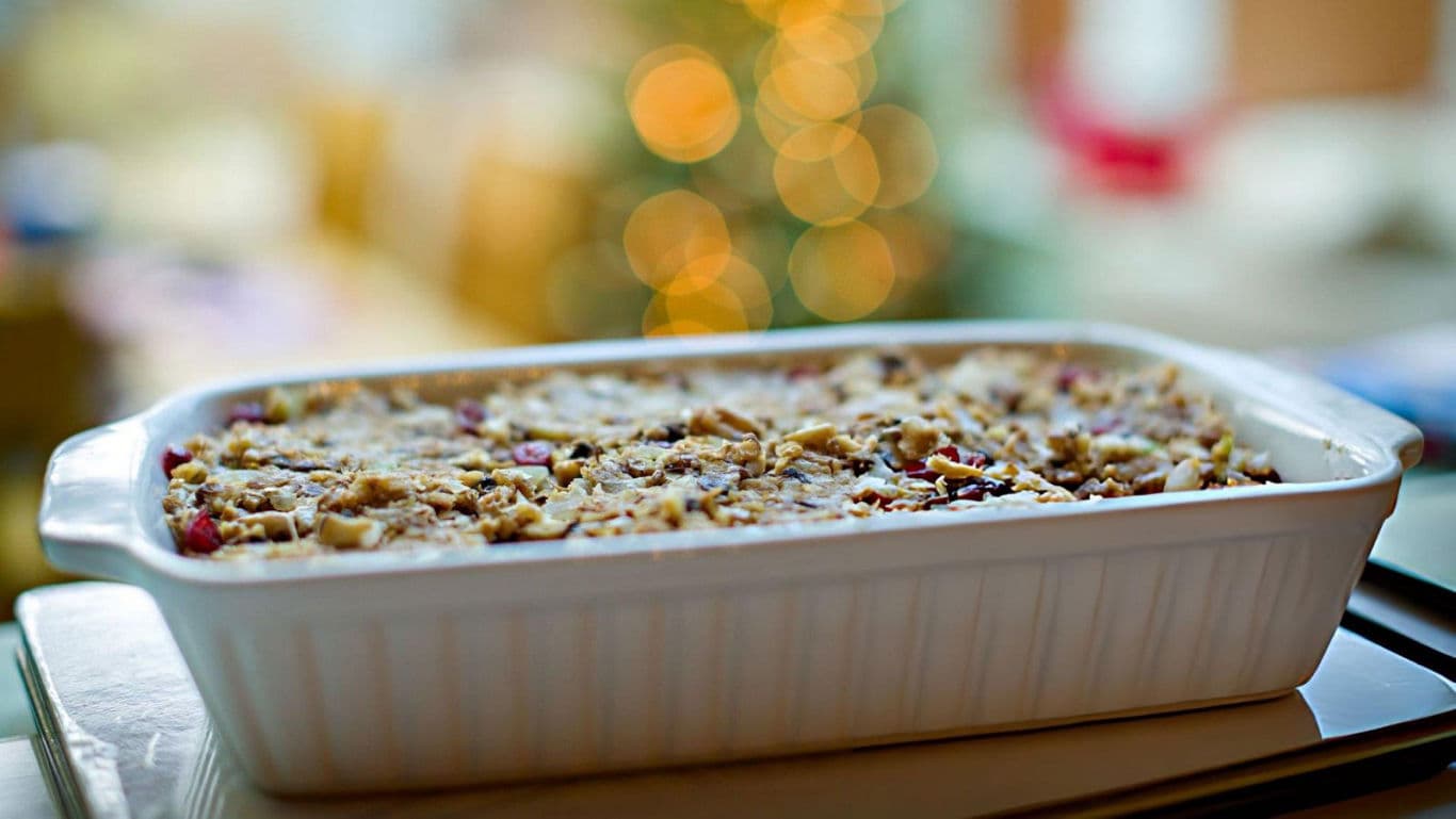 Baking dish with festive casserole