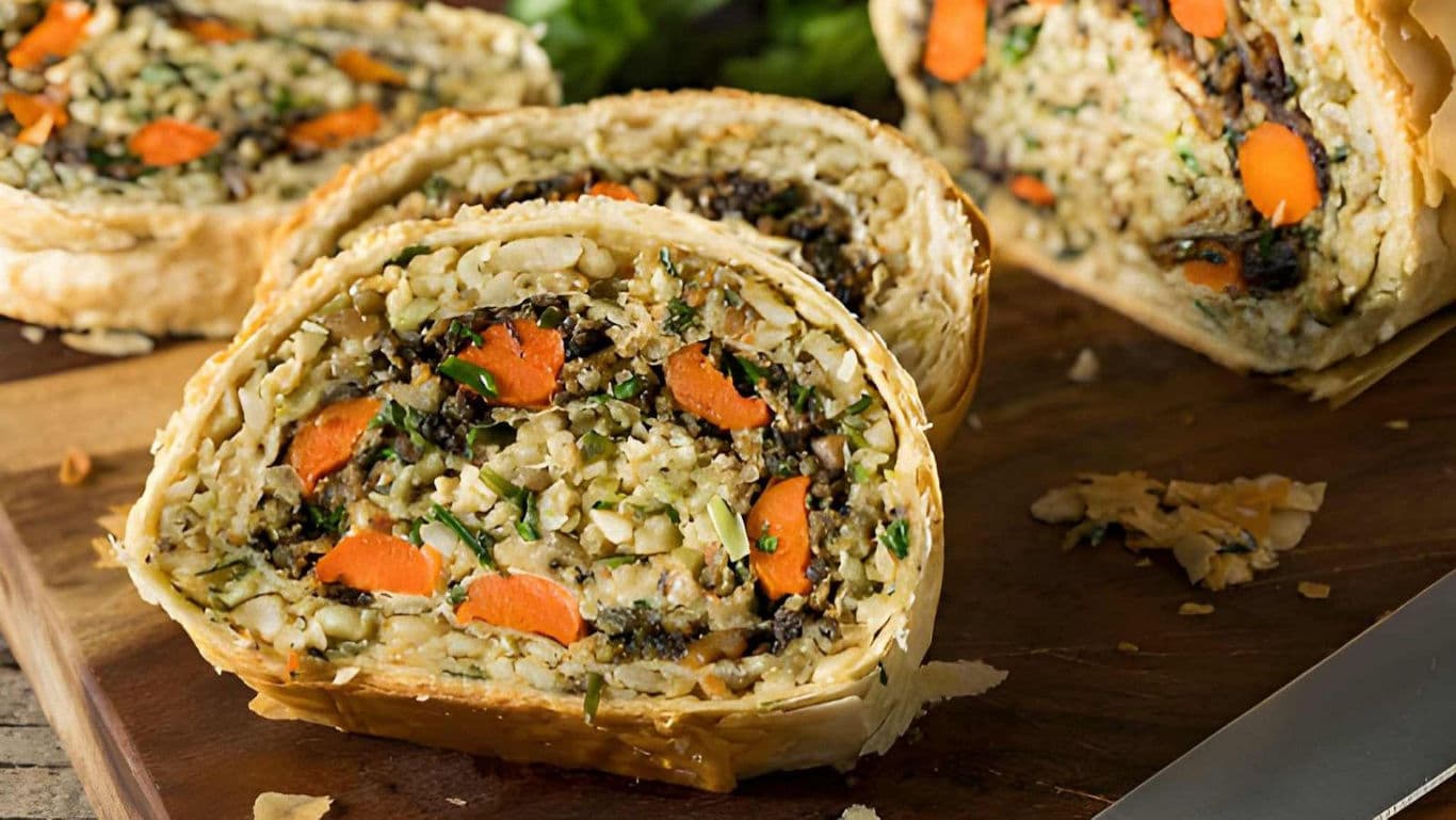 Sliced vegan walnut and lentil Wellington wrapped in puff pastry.