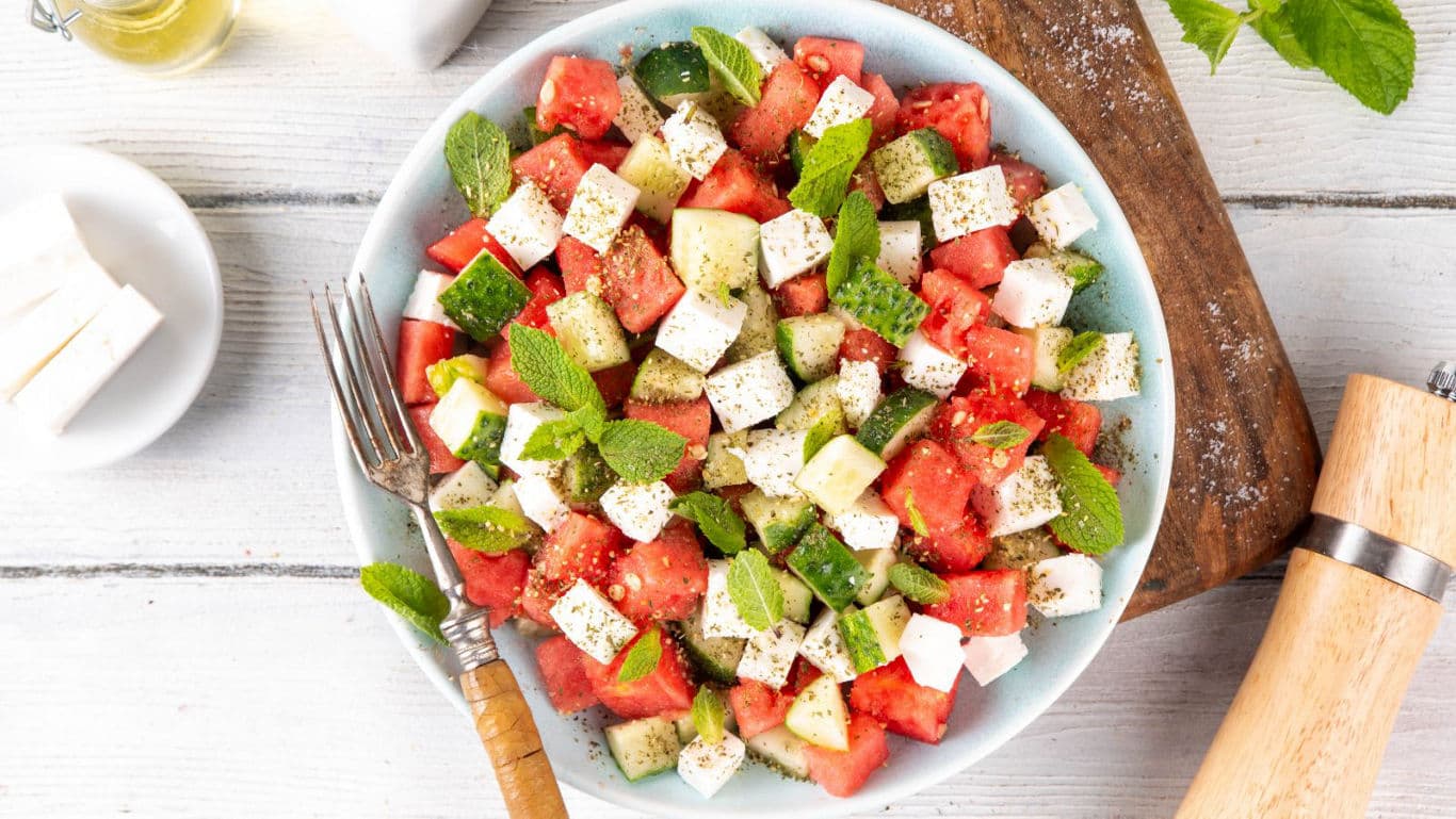 Fresh watermelon feta salad with mint and cucumber