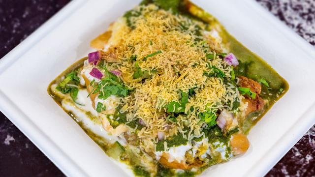 Chole Samosa Chaat on a plate