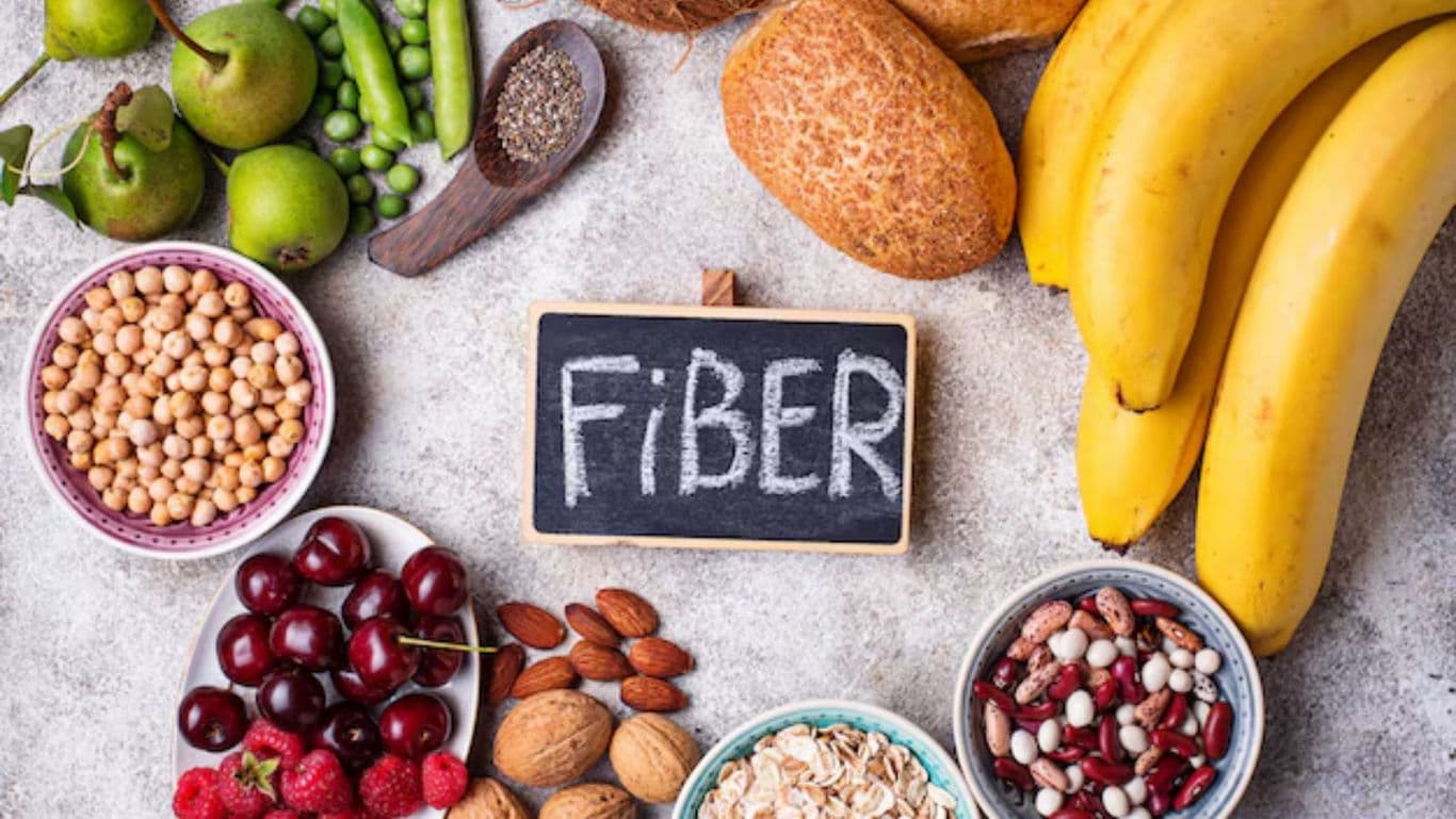 Healthy fiber-rich foods with chalkboard sign