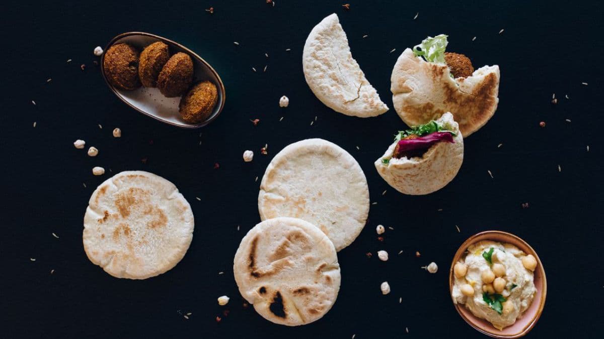 Pita bread, hummus, and falafel