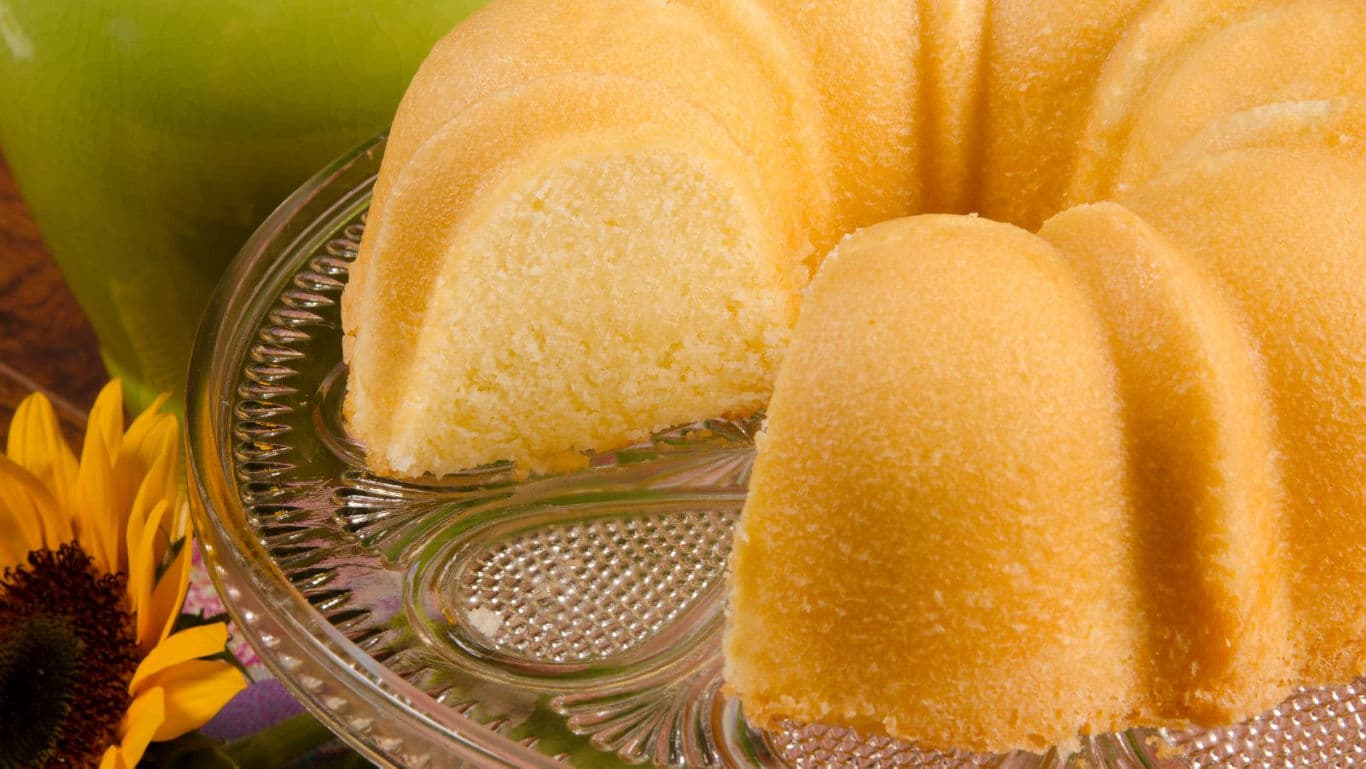 Homemade bundt cake on glass stand