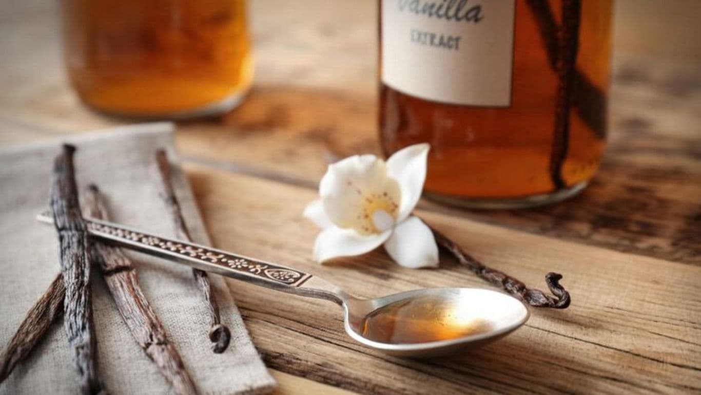 Vanilla extract bottle with pods and flower on wood