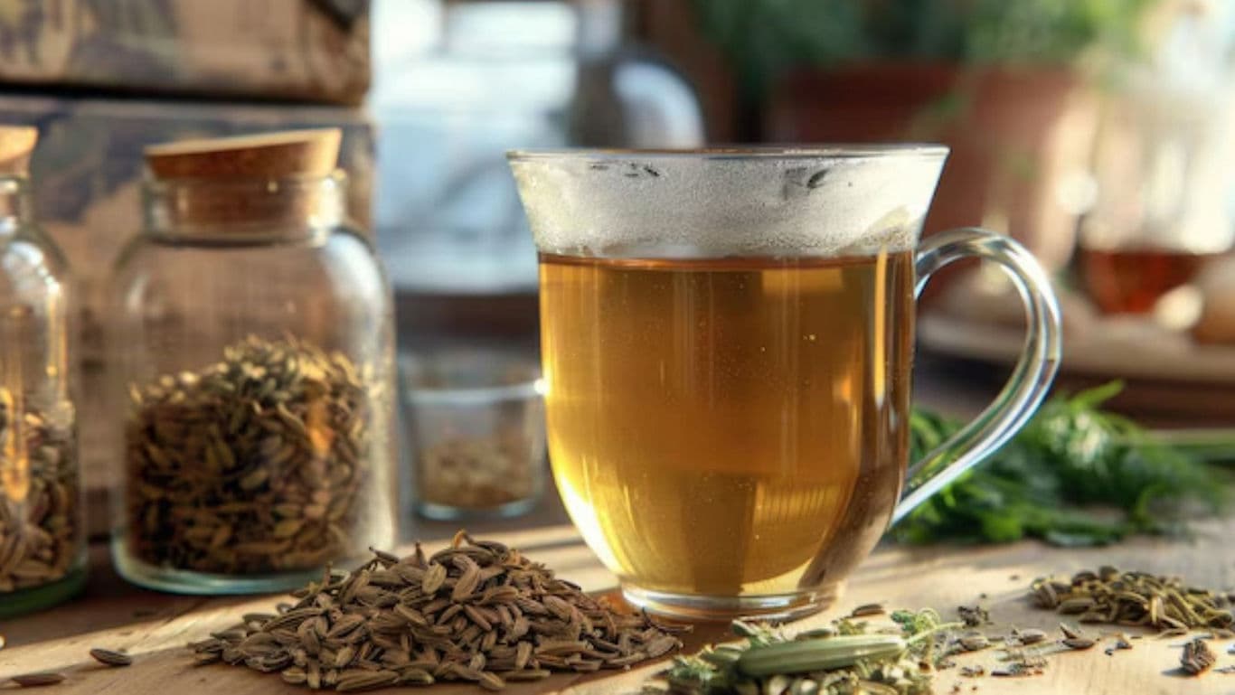 Glass Cup of Herbal Tea with Seeds on Table