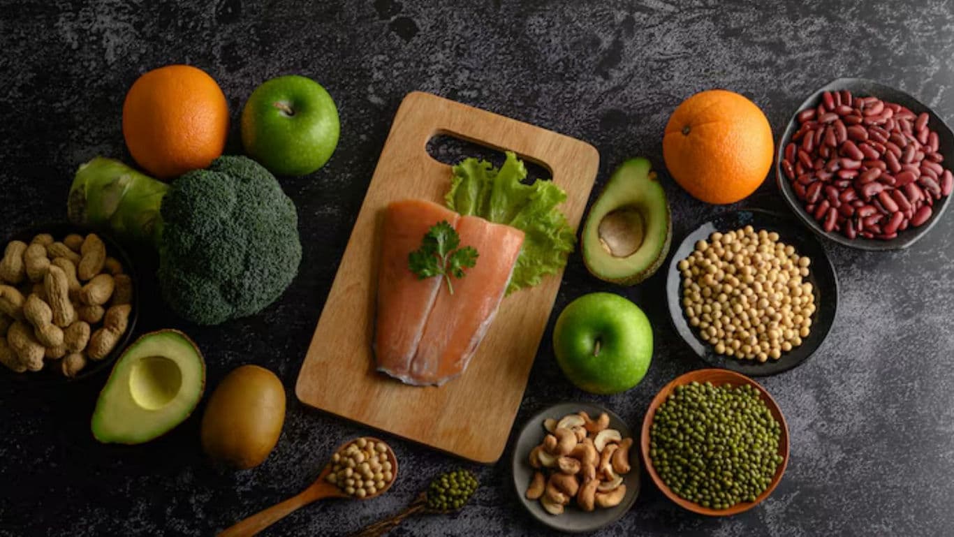 Assorted Healthy Foods with Salmon and Vegetables